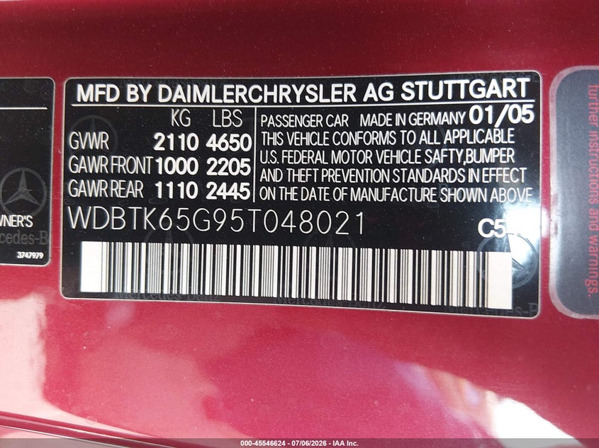2005 Mercedes-Benz Clk 320 VIN: WDBTK65G95T048021 Lot: 45546624