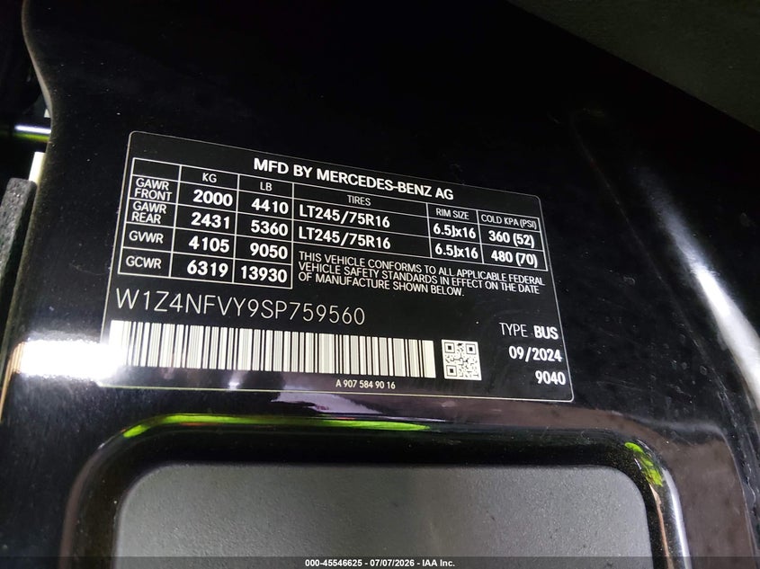 2025 Mercedes-Benz Sprinter 2500 Standard Roof 4-Cyl Diesel Ho VIN: W1Z4NFVY9SP759560 Lot: 45546625