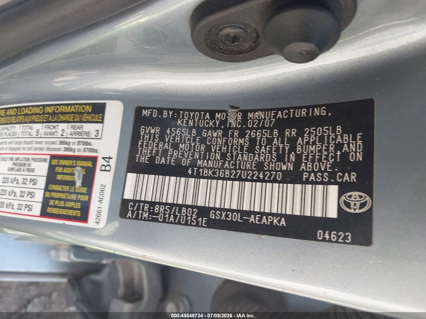 2007 Toyota Avalon Limited VIN: 4T1BK36B27U224270 Lot: 45546734