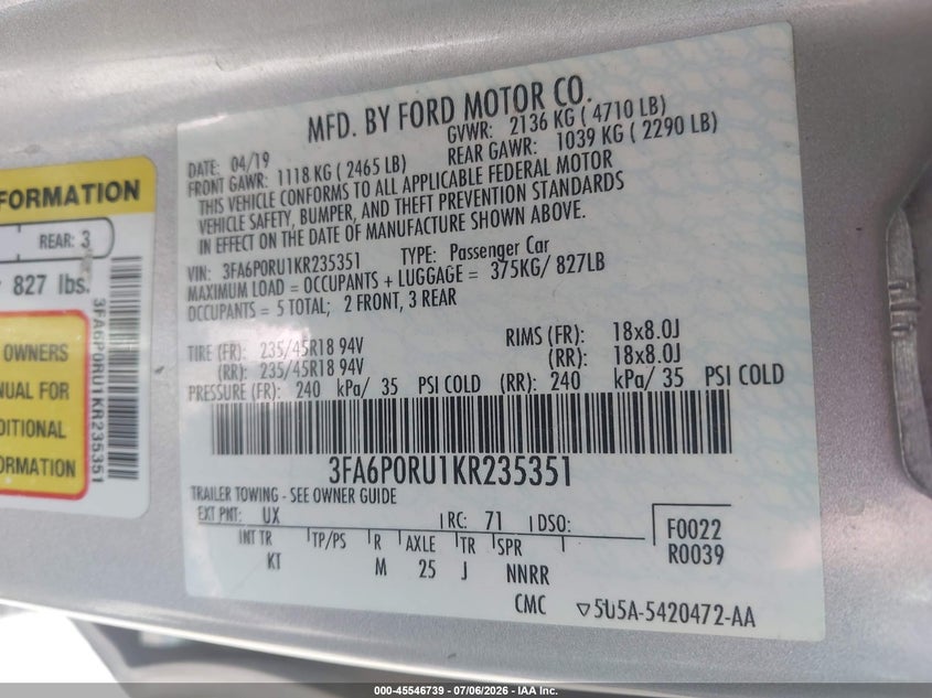 2019 Ford Fusion Hybrid Titanium VIN: 3FA6P0RU1KR235351 Lot: 45546739