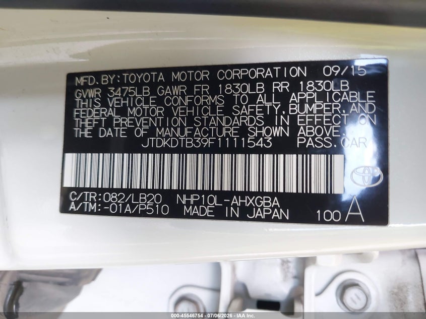 2015 Toyota Prius C Four VIN: JTDKDTB39F1111543 Lot: 45546754