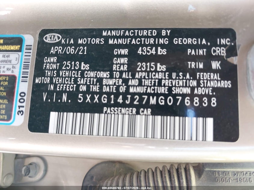 2021 Kia K5 Lxs VIN: 5XXG14J27MG076838 Lot: 45546765