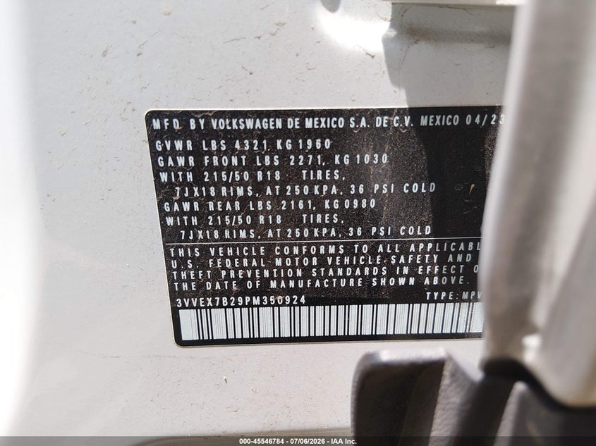 2023 Volkswagen Taos 1.5T Se VIN: 3VVEX7B29PM350924 Lot: 45546784