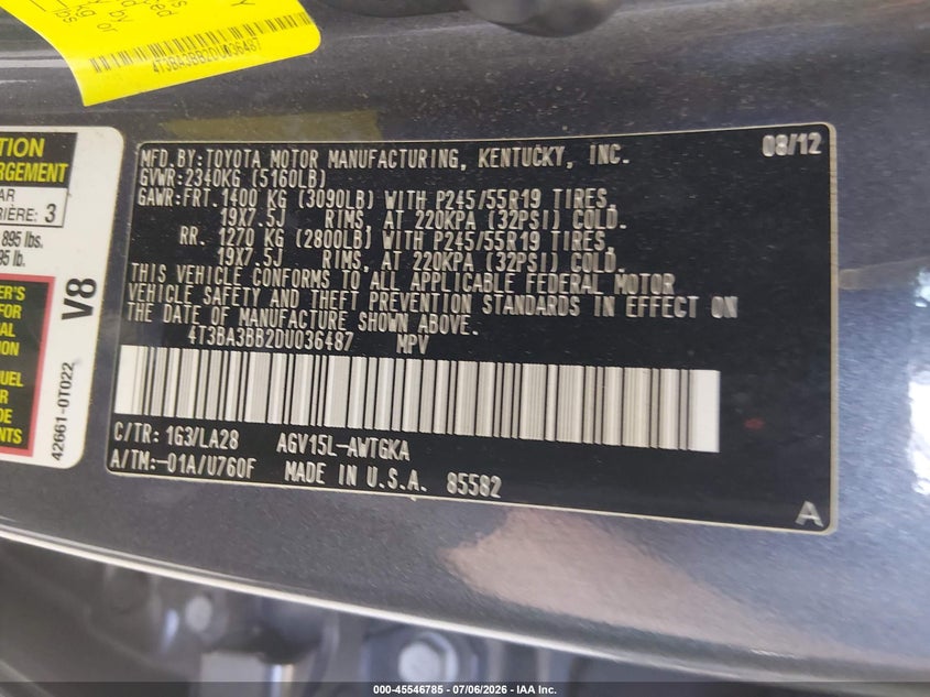 2013 Toyota Venza Le/Xle VIN: 04T3BA3BB2DU36487 Lot: 45546785
