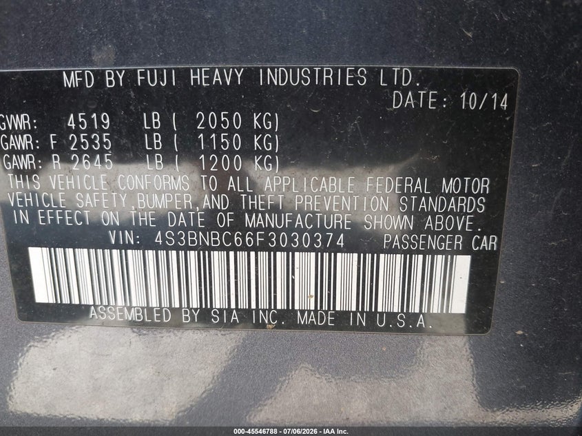 2015 Subaru Legacy 2.5I Premium VIN: 4S3BNBC66F3030374 Lot: 45546788
