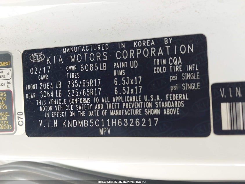 2017 Kia Sedona Lx VIN: KNDMB5C11H6326217 Lot: 45546805