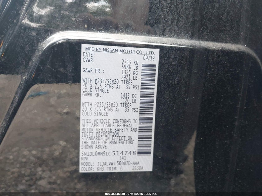 2020 Infiniti Qx60 Luxe VIN: 5N1DL0MN9LC514748 Lot: 45546830