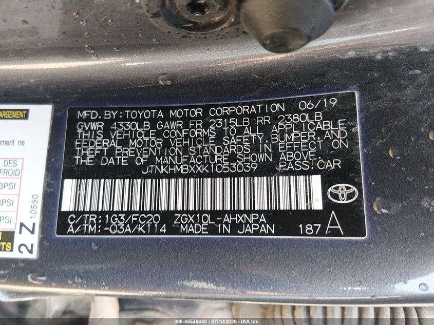 2019 Toyota C-Hr Le VIN: JTNKHMBXXK1053039 Lot: 45546848