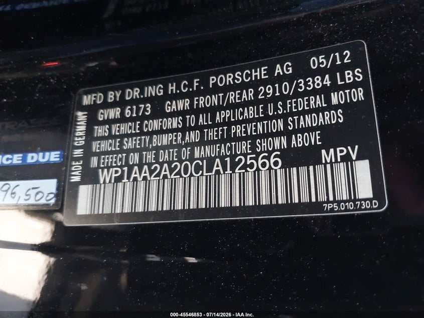 2012 Porsche Cayenne VIN: WP1AA2A20CLA12566 Lot: 45546853