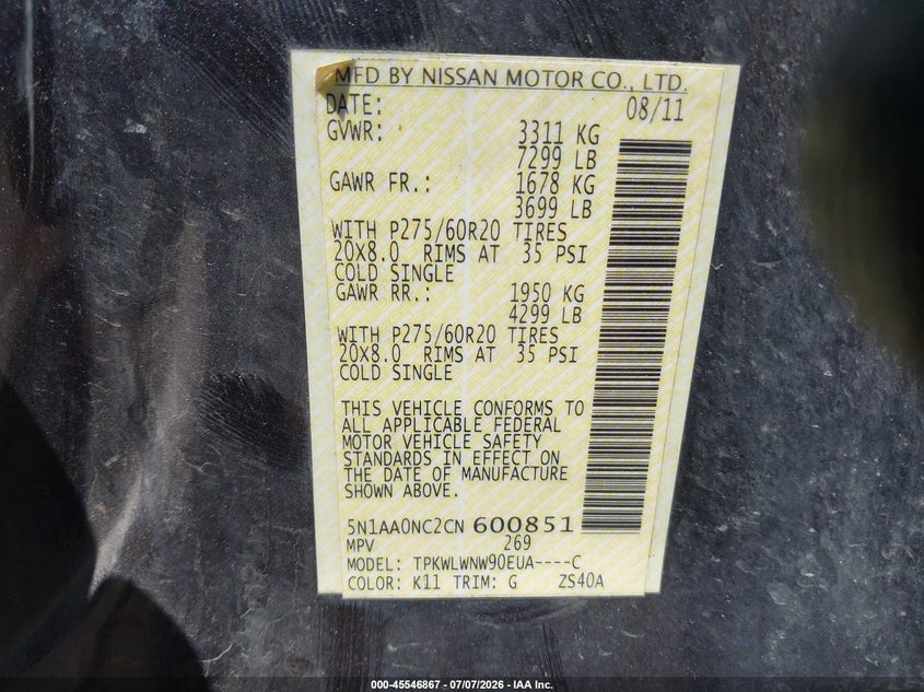 2012 Nissan Armada Platinum VIN: 5N1AA0NC2CN600851 Lot: 45546867