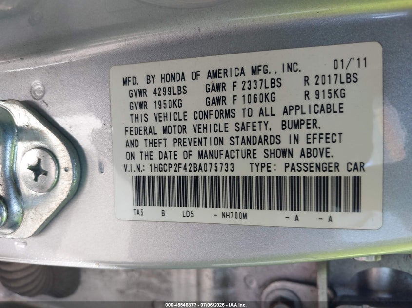 2011 Honda Accord 2.4 Lx-P VIN: 1HGCP2F42BA075733 Lot: 45546877