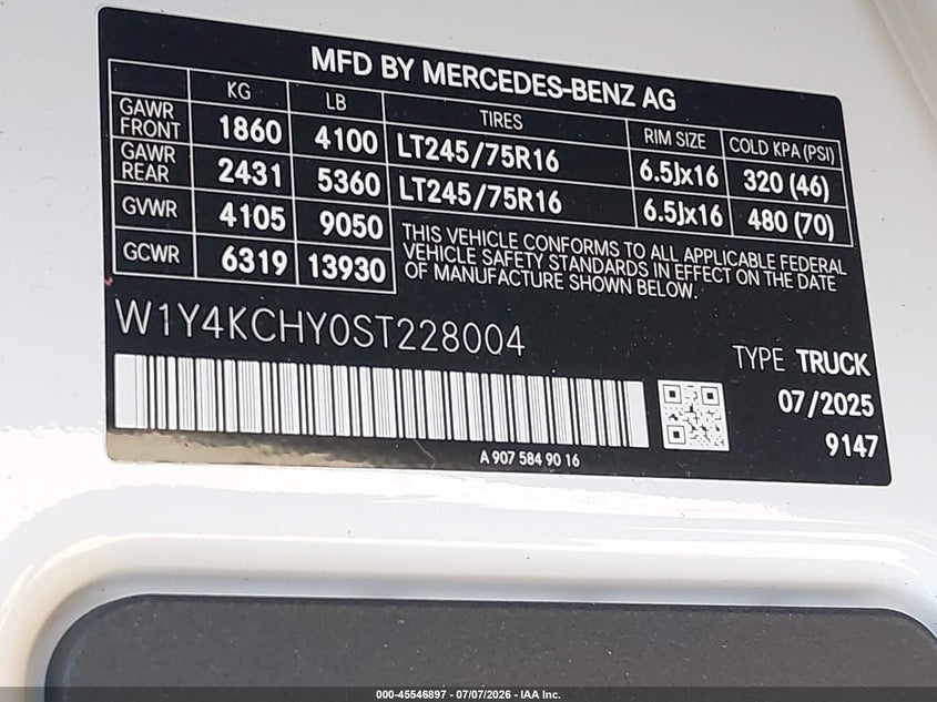 2025 Mercedes-Benz Sprinter 2500 High Roof 4-Cyl Diesel VIN: W1Y4KCHY0ST228004 Lot: 45546897