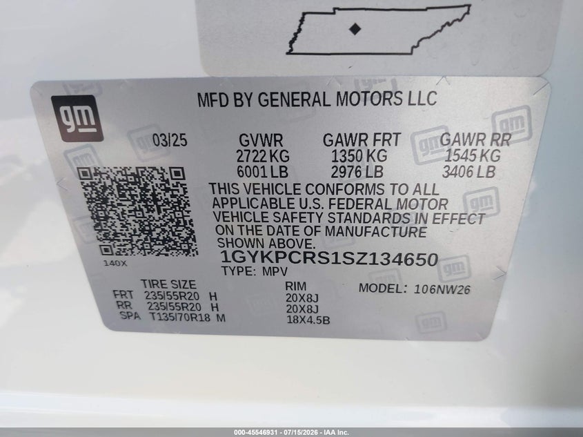 2025 Cadillac Xt6 Fwd Premium Luxury VIN: 1GYKPCRS1SZ134650 Lot: 45546931