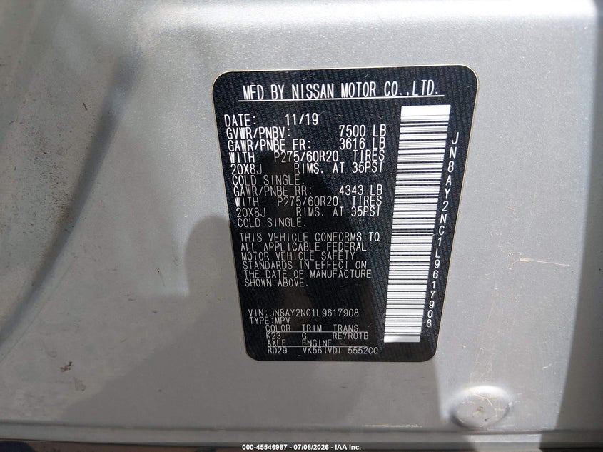 2020 Nissan Armada Sl 4Wd VIN: JN8AY2NC1L9617908 Lot: 45546987