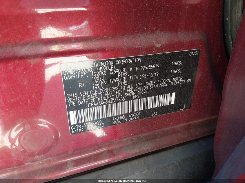 2021 Toyota Venza Xle VIN: JTEAAAAH6MJ034855 Lot: 45547054