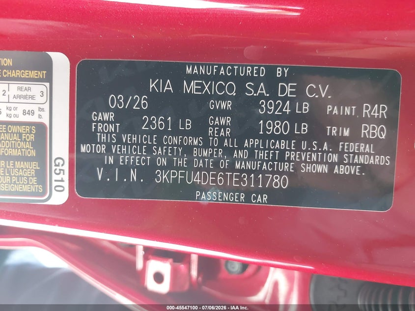 2026 Kia K4 Ex VIN: 3KPFU4DE6TE311780 Lot: 45547100
