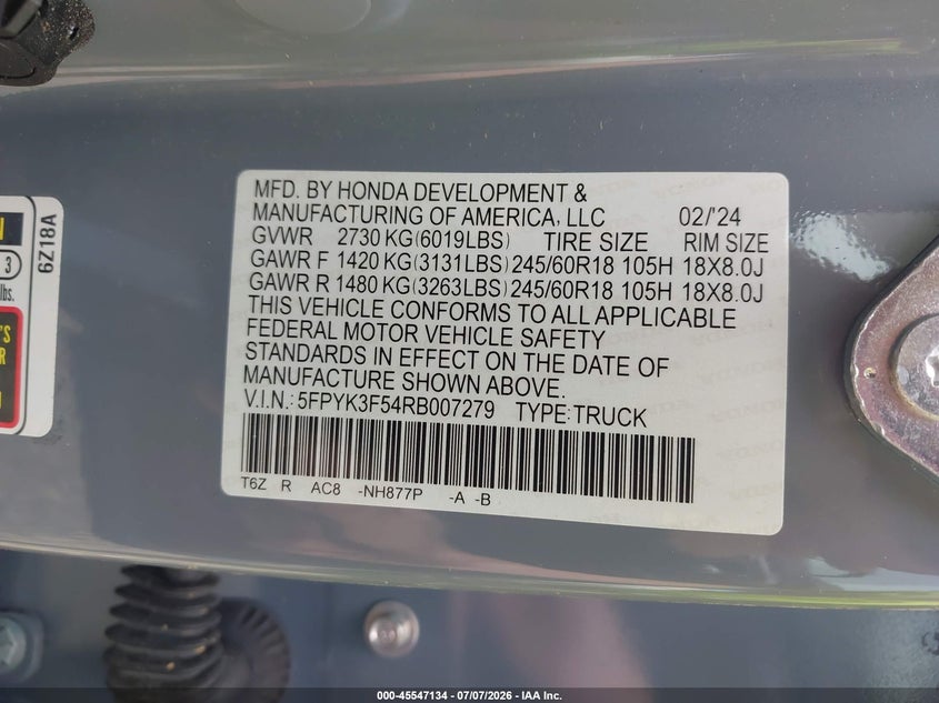 2024 Honda Ridgeline Rtl VIN: 5FPYK3F54RB007279 Lot: 45547134