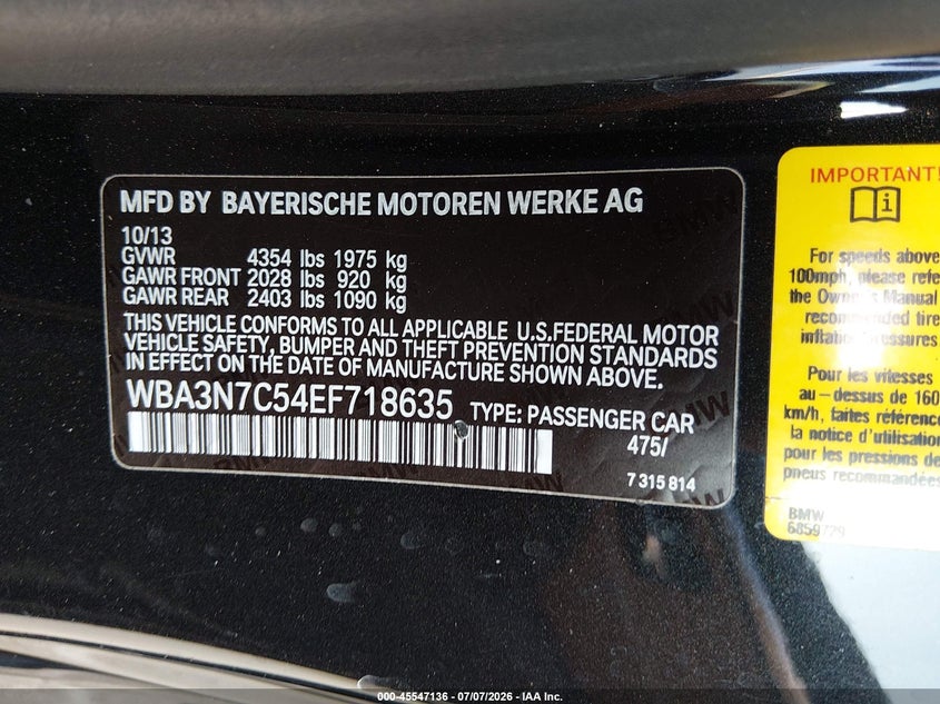 2014 BMW 428I VIN: WBA3N7C54EF718635 Lot: 45547136