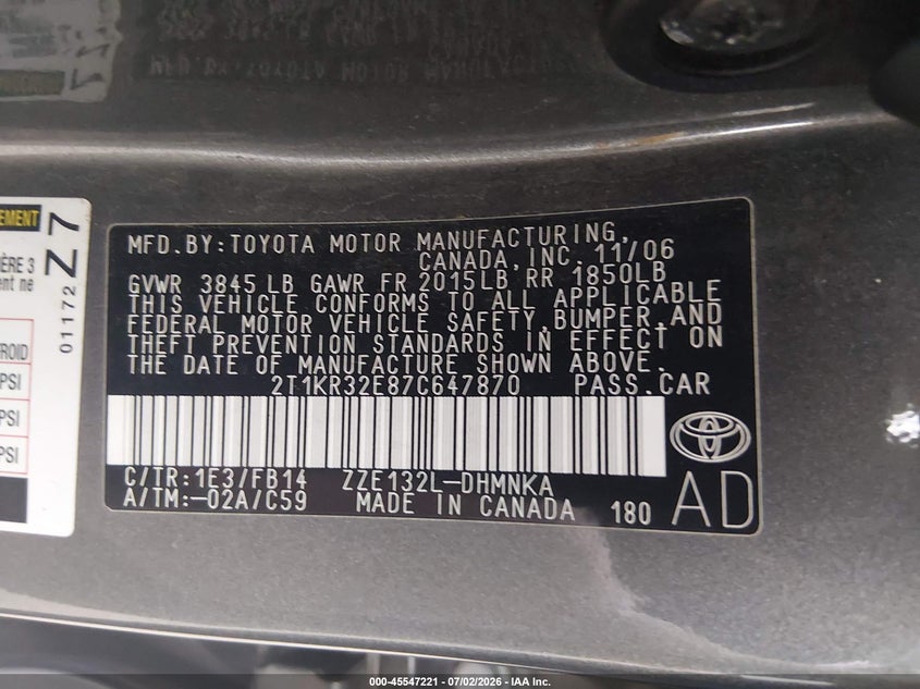2007 Toyota Matrix Xr VIN: 2T1KR32E87C647870 Lot: 45547221