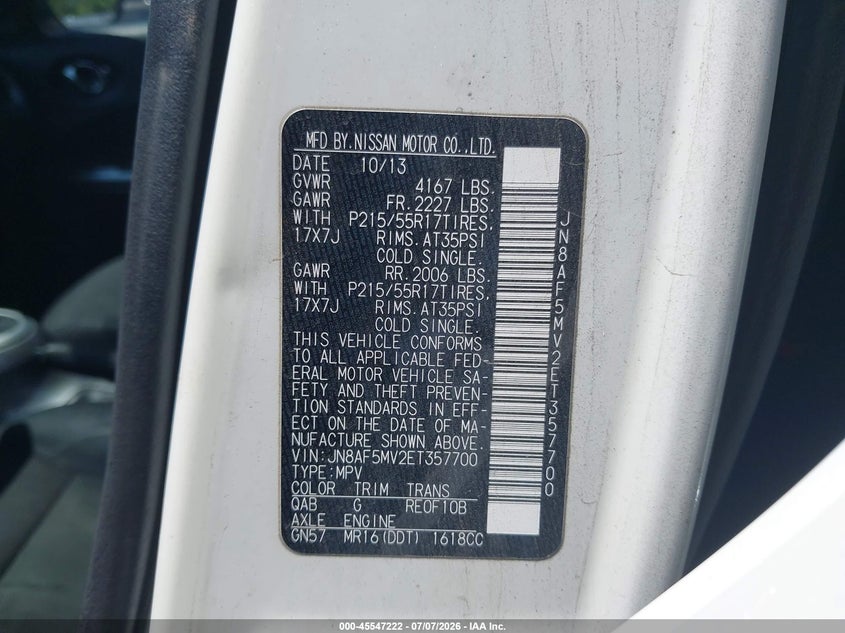 2014 Nissan Juke S VIN: JN8AF5MV2ET357700 Lot: 45547222