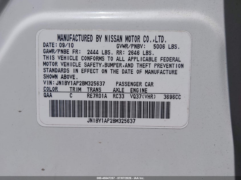 2011 Infiniti M37 VIN: JN1BY1AP2BM325637 Lot: 45547257