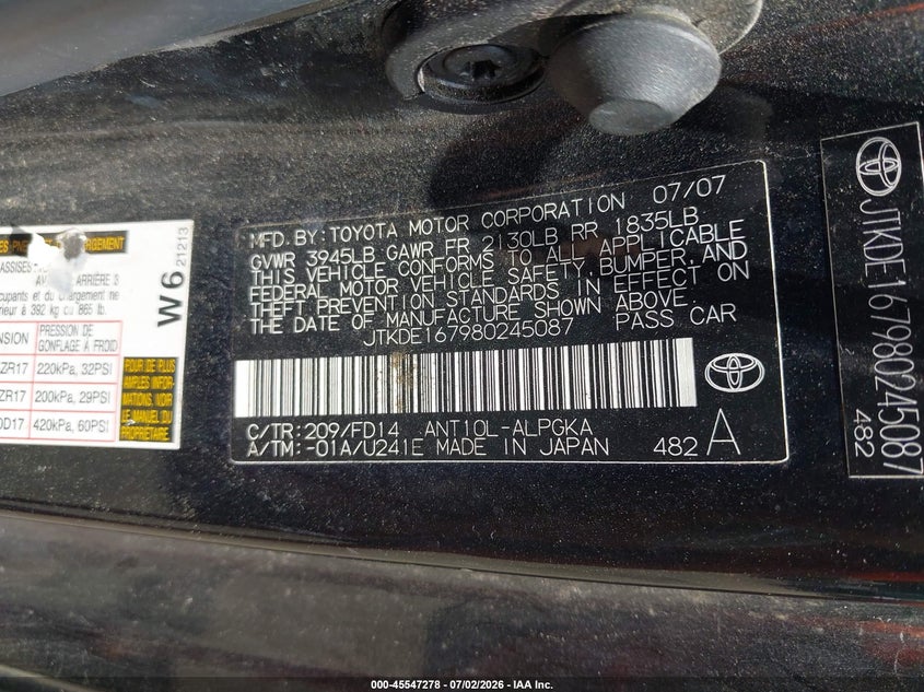 2008 Scion Tc VIN: JTKDE167980245087 Lot: 45547278