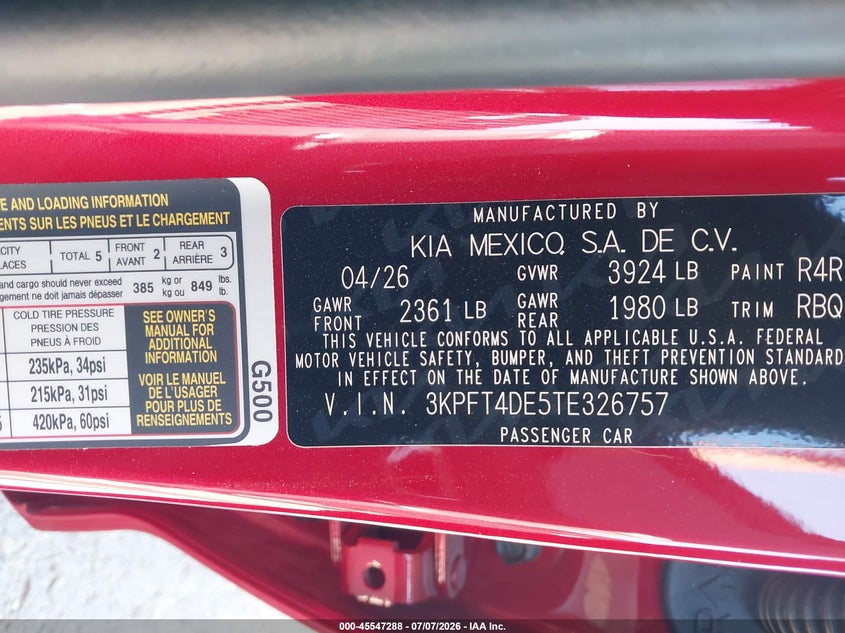 2026 Kia K4 Lxs VIN: 3KPFT4DE5TE326757 Lot: 45547288