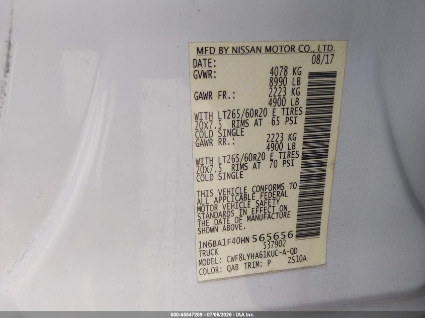 2017 Nissan Titan Xd Platinum Reserve Diesel VIN: 1N6BA1F40HN565656 Lot: 45547289