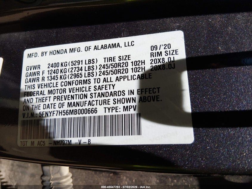 2021 Honda Passport 2Wd Ex-L VIN: 5FNYF7H56MB000666 Lot: 45547292