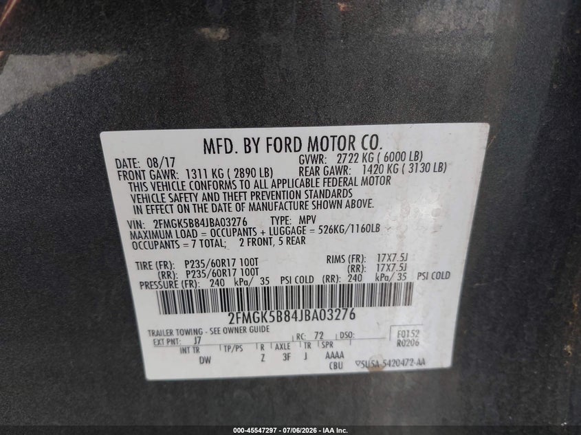 2018 Ford Flex Se VIN: 2FMGK5B84JBA03276 Lot: 45547297
