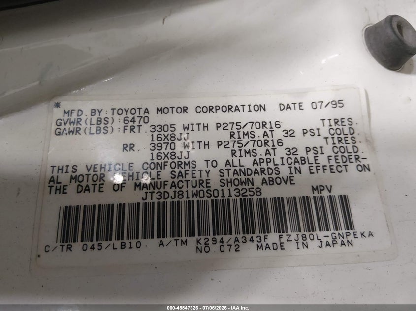 1995 Toyota Land Cruiser Dj81 VIN: JT3DJ81W0S0113258 Lot: 45547326