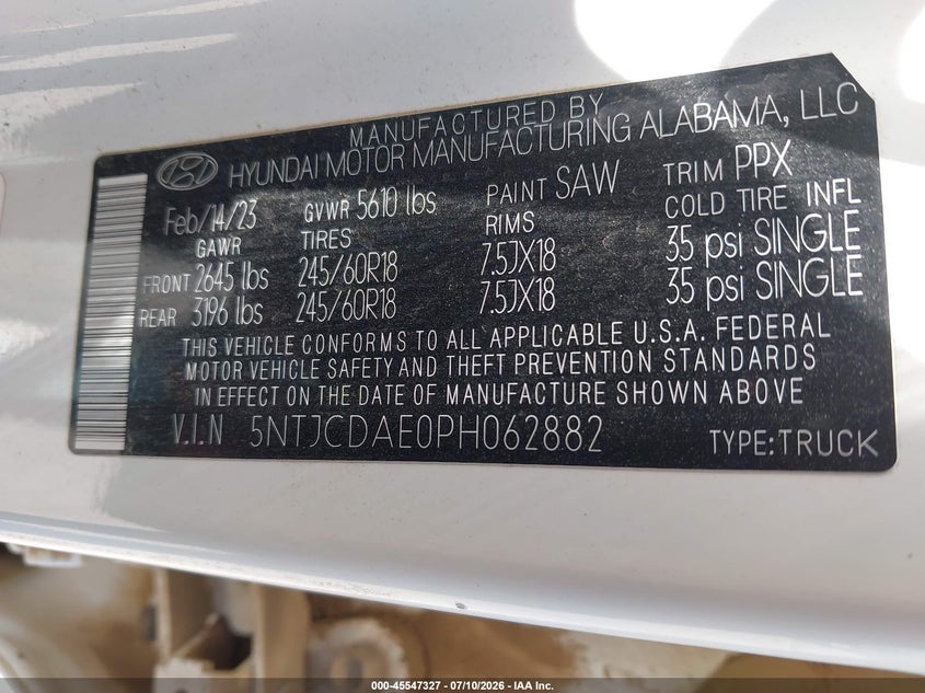 2023 Hyundai Santa Cruz Sel VIN: 5NTJCDAE0PH062882 Lot: 45547327