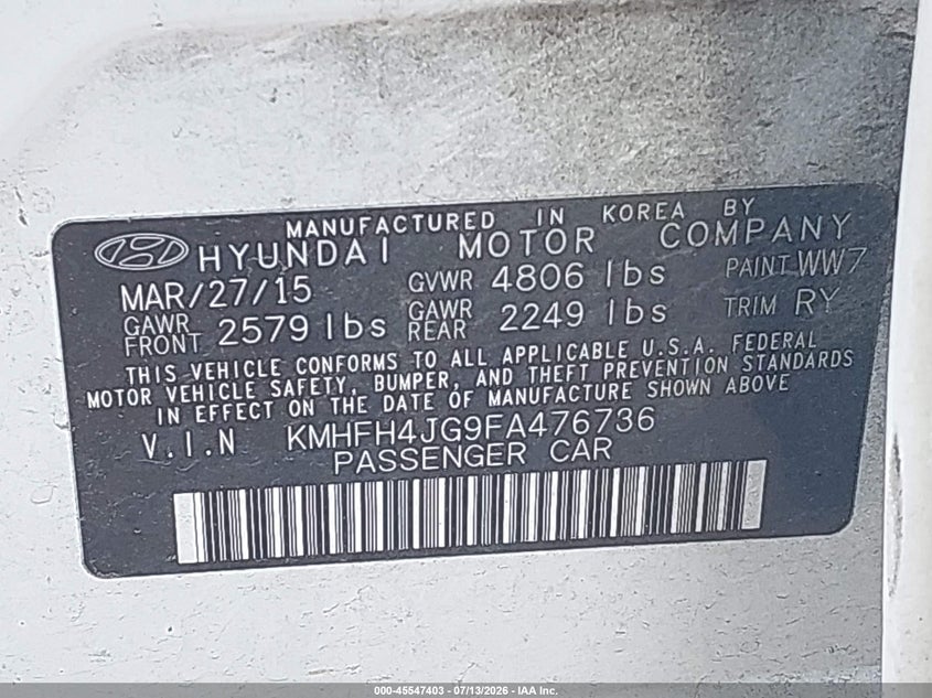 2015 Hyundai Azera Limited VIN: KMHFH4JG9FA476736 Lot: 45547403