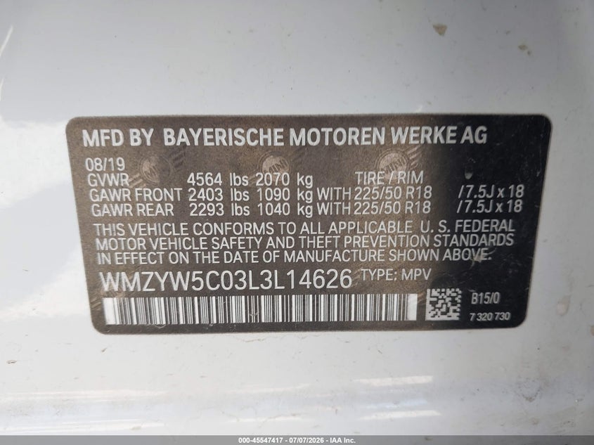 2020 Mini Countryman Cooper VIN: WMZYW5C03L3L14626 Lot: 45547417