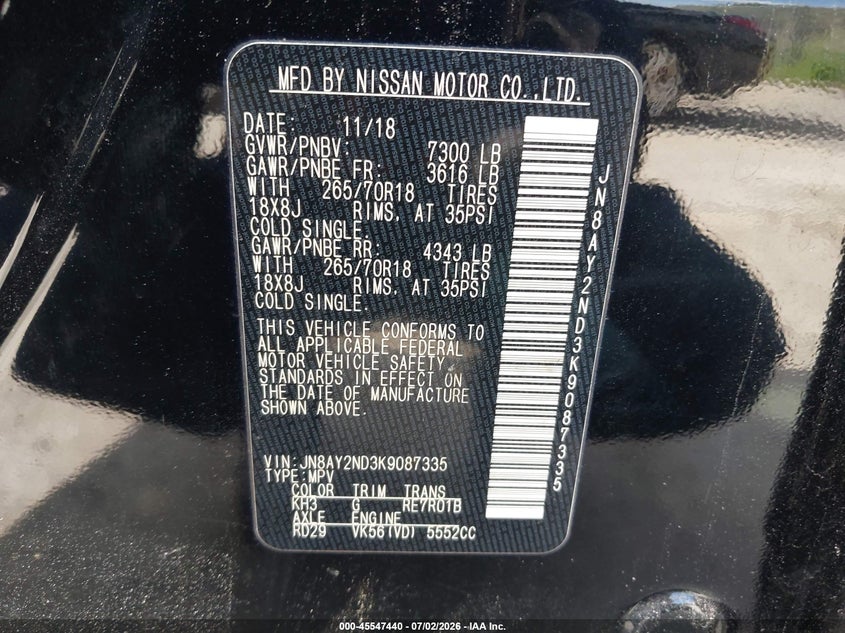 2019 Nissan Armada Sv VIN: JN8AY2ND3K9087335 Lot: 45547440