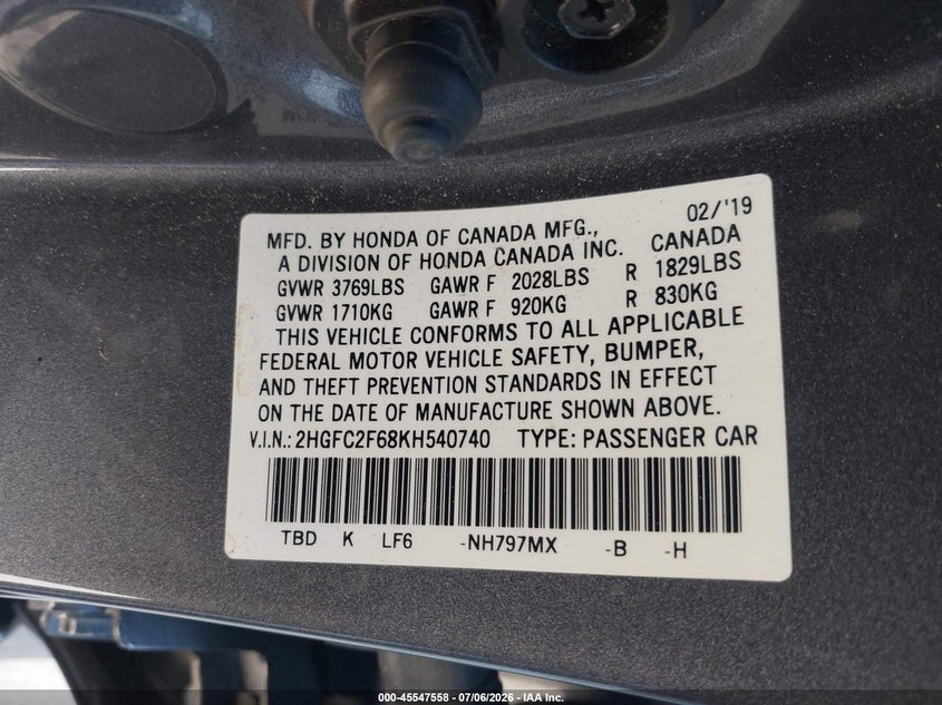 2019 HONDA CIVIC SEDAN 2.0L I-4 DOHC, VVT, 158HP