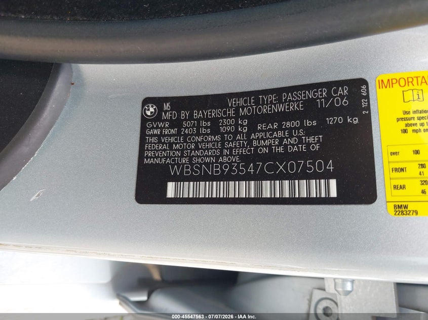 2007 BMW M5 VIN: WBSNB93547CX07504 Lot: 45547563