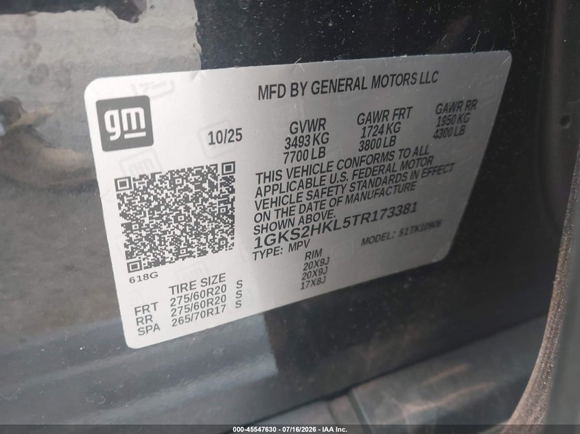 2026 GMC Yukon Xl 4Wd At4 VIN: 1GKS2HKL5TR173381 Lot: 45547630