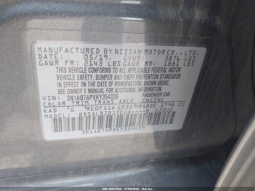 VIN 3N1AB7APXKY354039 2019 NISSAN SENTRA S