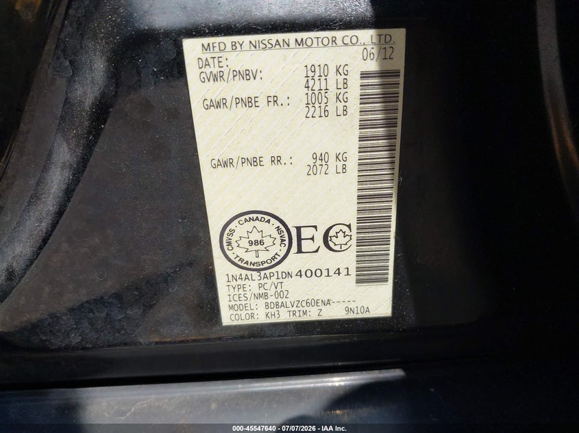 2013 Nissan Altima 2.5/2.5 S/2.5 Sl/2.5 Sv VIN: 1N4AL3AP1DN400141 Lot: 45547640