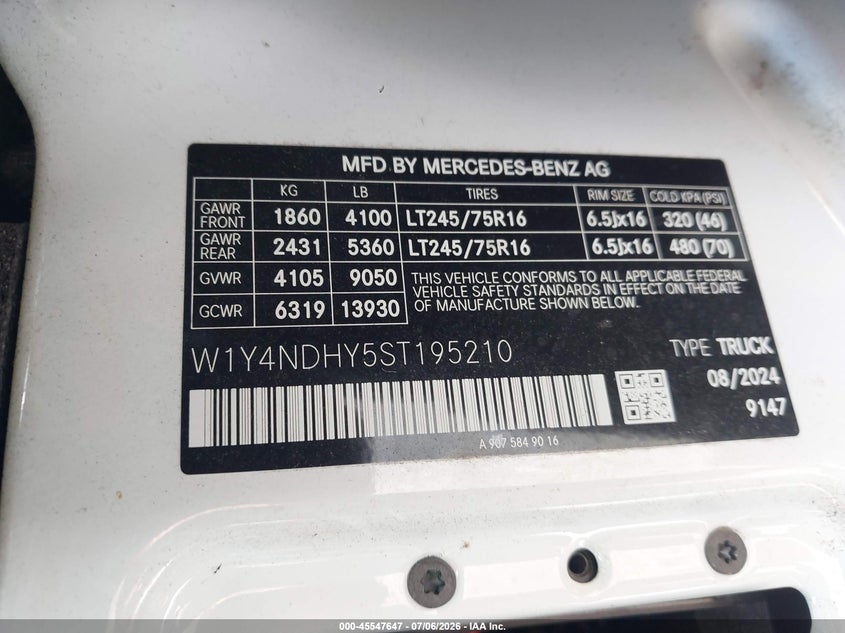 2025 Mercedes-Benz Sprinter 2500 High Roof 4-Cyl Diesel Ho VIN: W1Y4NDHY5ST195210 Lot: 45547647