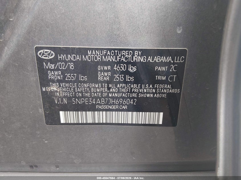HYUNDAI SONATA 2018 VIN 5NPE34AB7JH696042