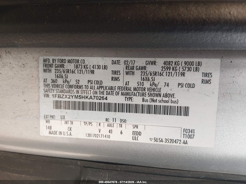 2017 Ford Transit-350 Xl/Xlt VIN: 1FBZX2YM5HKA70264 Lot: 45547676