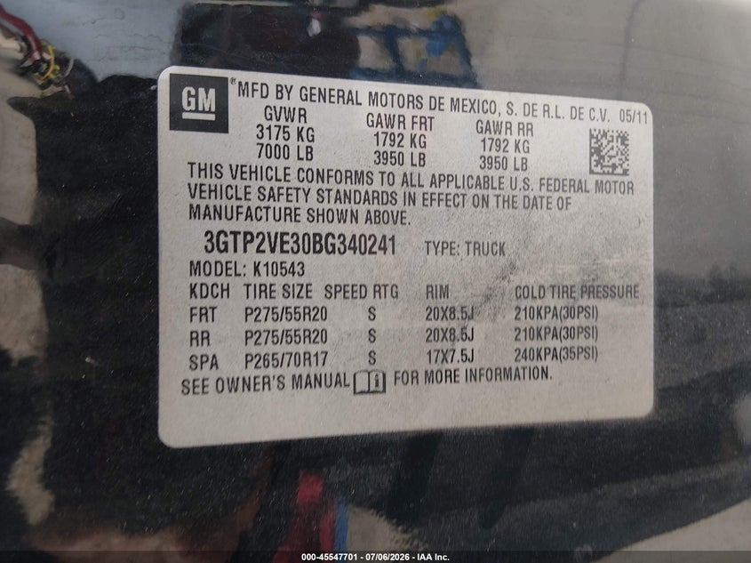 2011 GMC Sierra 1500 Sle VIN: 3GTP2VE30BG340241 Lot: 45547701