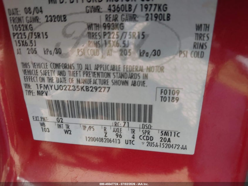 2005 FORD ESCAPE SPORT UTILITY VEHICLE 2.3L I-4 DOHC, 153HP