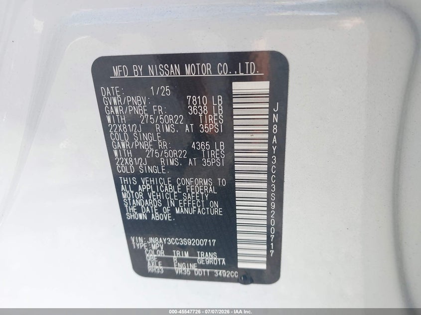 2025 Nissan Armada Platinum Reserve 4Wd VIN: JN8AY3CC3S9200717 Lot: 45547726
