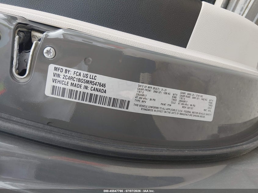 CHRYSLER PACIFICA 2021 VIN 2C4RC1BG5MR547646