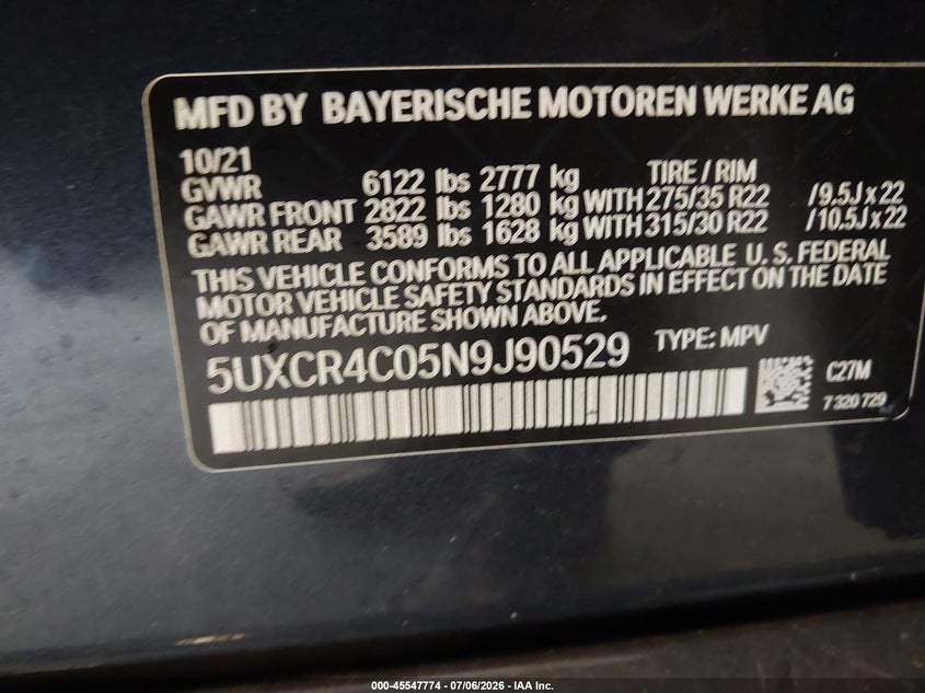 2022 BMW X5 Sdrive40I VIN: 5UXCR4C05N9J90529 Lot: 45547774