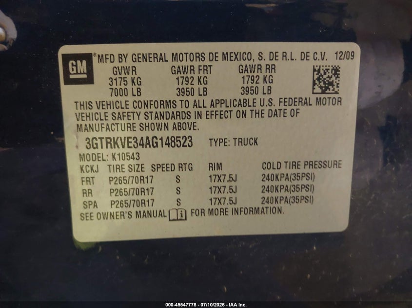 GMC SIERRA 1500 2010 VIN 3GTRKVE34AG148523