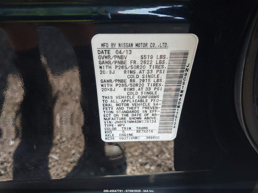 2013 Infiniti Fx37 VIN: JN8CS1MW4DM175124 Lot: 45547781